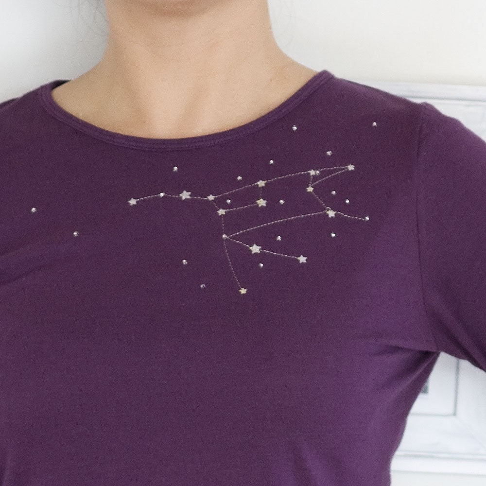 Handmade Applique Long Sleeves Purple Cotton T-shirt The Great Bear constellation - size Medium