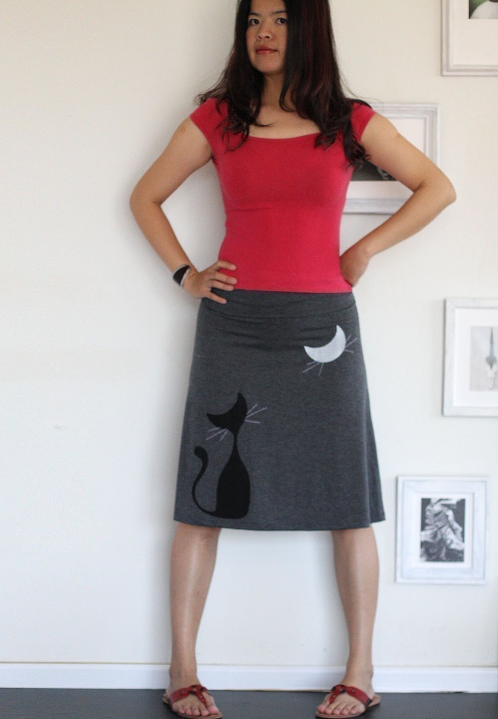Womens Fashion - Women Grey Knee Length A line jersey Skirt-Our cat and the moon-size Medium
