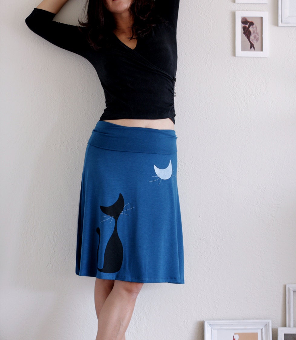 Teal Blue Knee Length A-line jersey skirt . Handmade jersey skirt - Our cat and the moon - size Medium