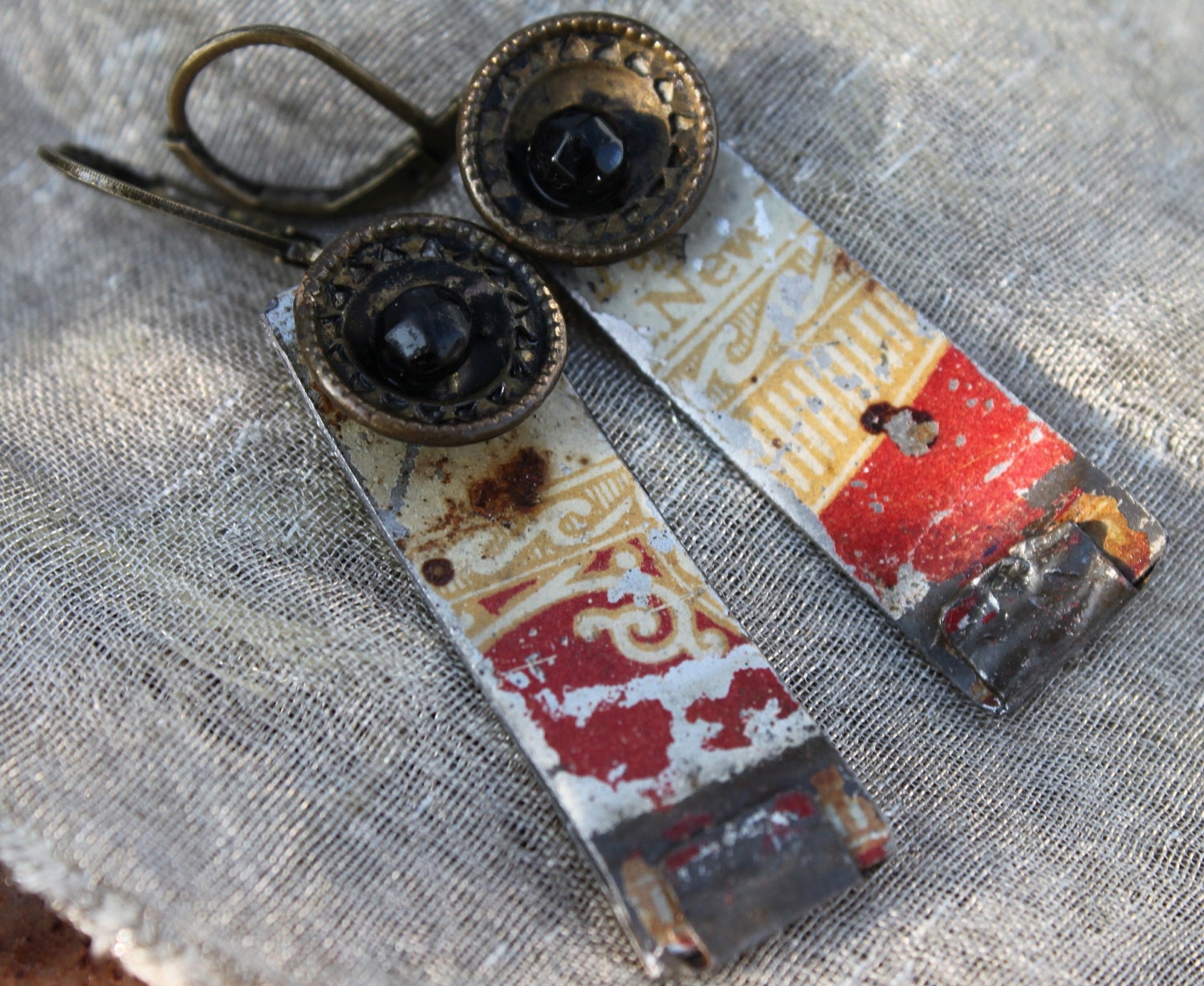 Vintage Tin Joined with Treasures for One of a Kind Earrings- TIME and TIN RECYCLED