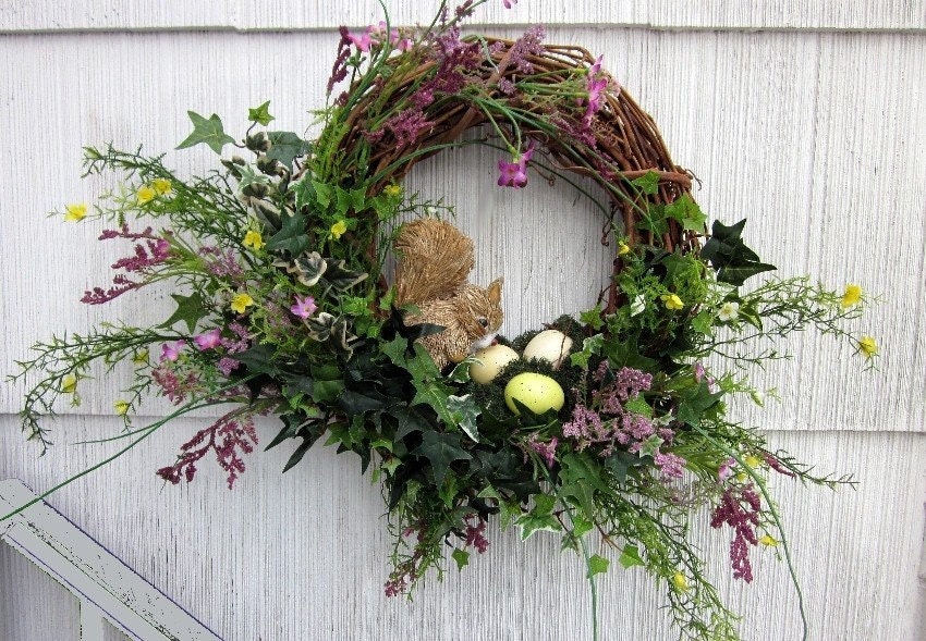 Woodland Wreath Floral Squirrel Bird's Nest & Eggs - Hand Made Grapevine Wall Decor One of a Kind - Treasury Item