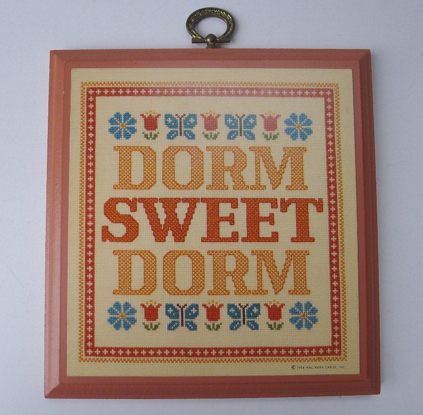Vintage School Picture Hallmark Sampler Faux Embroidery Student Dormitory 1984  - Treasury Item