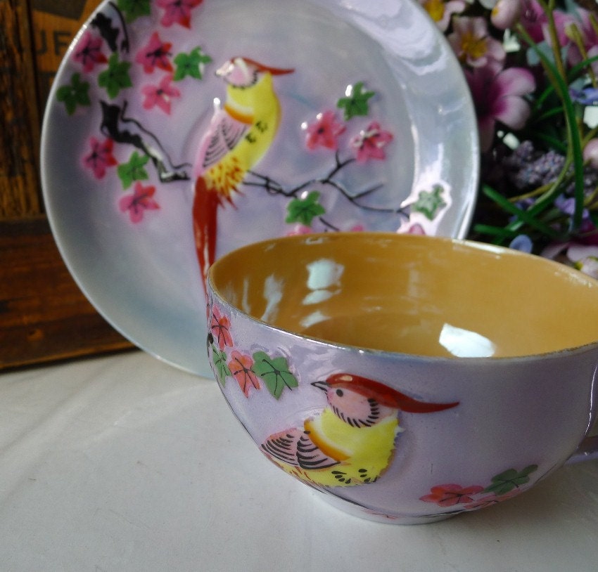 Vintage Lustreware Teacup & Saucer Exotic Bird Hand Painted c. 1930's Japan Pre WWII - Treasury Item