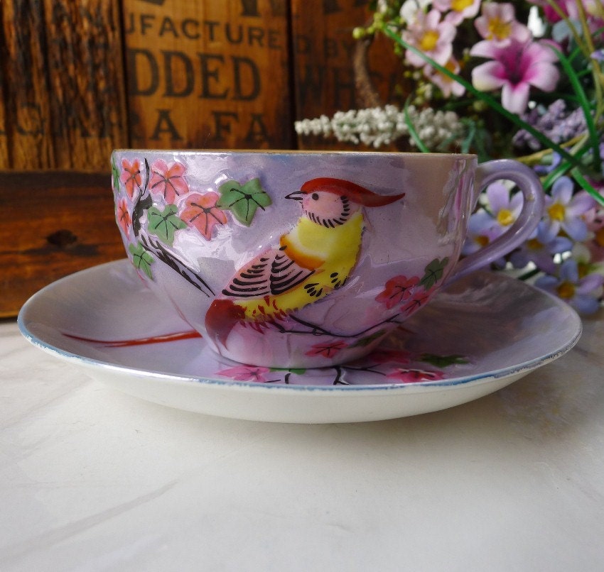 Vintage Lustreware Teacup & Saucer Exotic Bird Hand Painted c. 1930's Japan Pre WWII - Treasury Item
