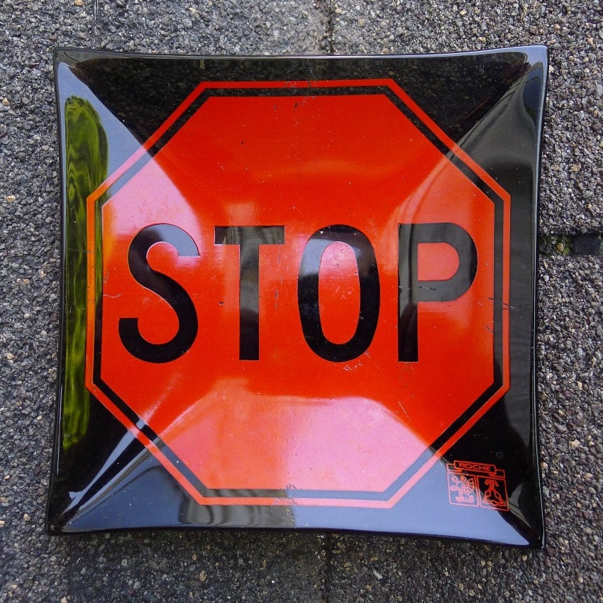 Vintage Glass Tray Sign Traffic STOP Sign Retro Bent Glass Ashtray Dish Advertising Collectible - Treasury Item