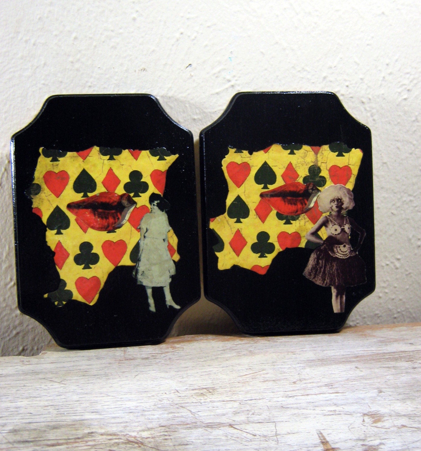 Kiss, Original Collages on Wood - Red, Black, Yellow, Modern Vintage, Ladies, Black Art, Wall Hanging