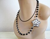Vintage Flower Rhinestone Asymmetrical Necklace with Black Beads