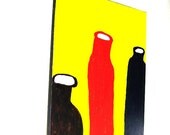 Modern, Abstract, Original Painting on Canvas, Bottles, Yellow, Blue, Red, Purple, White,Wiggly Bottles