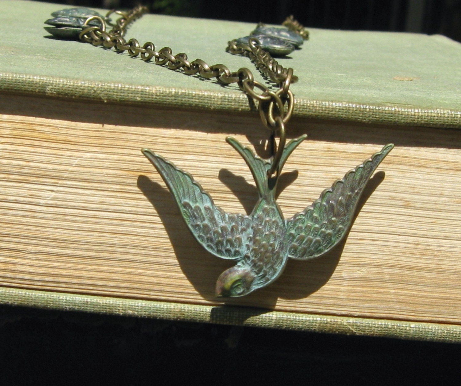 Patina Swooping Bird  Necklace- Heart Necklace, Bird Necklace, Antique Brass Chunky Chain, Patina Necklace, Long Necklace