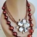 Cranberry Red and Rhinestone Flower Statement Necklace - Cooper, Burnt Orange, Raspberry