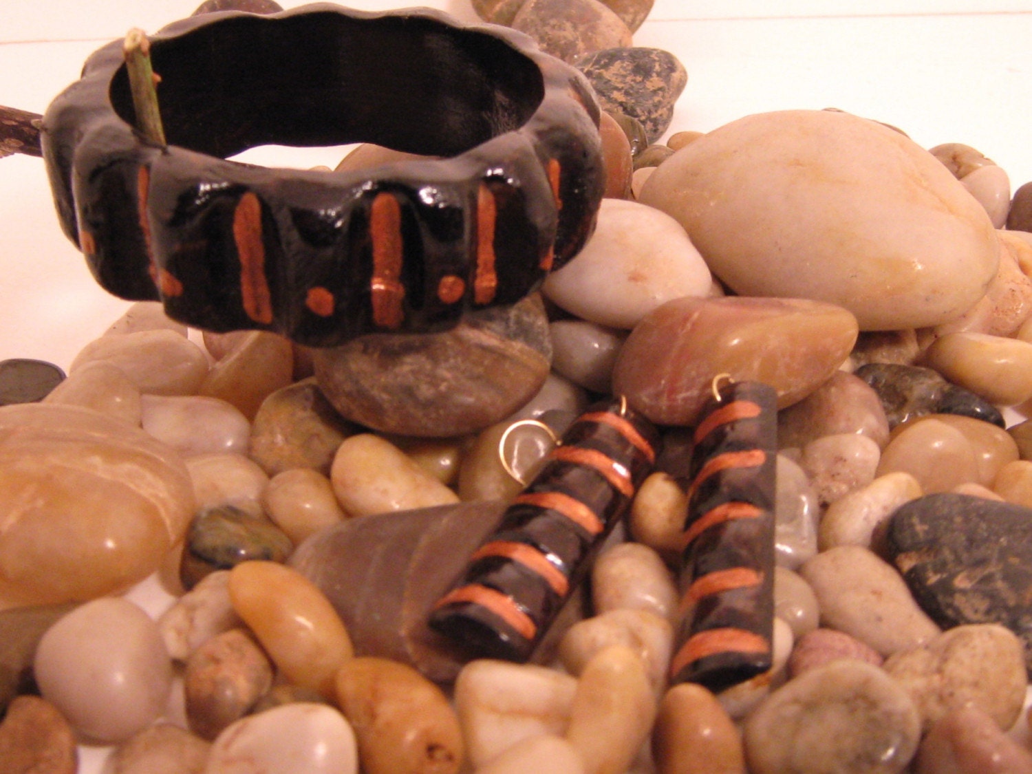 Wooden Bangle Bracelet and Earring set - Dark Walnut, Cooper, Ethic Jewelry, Egypt