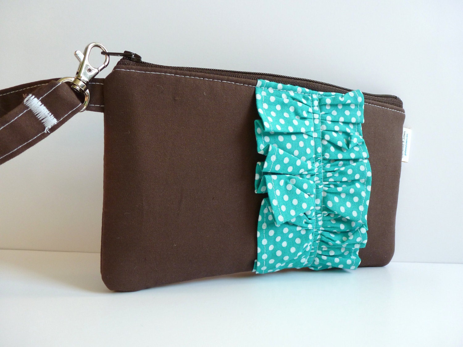 Chocolate Brown Wristlet with Turquoise/White Polka dot ruffle