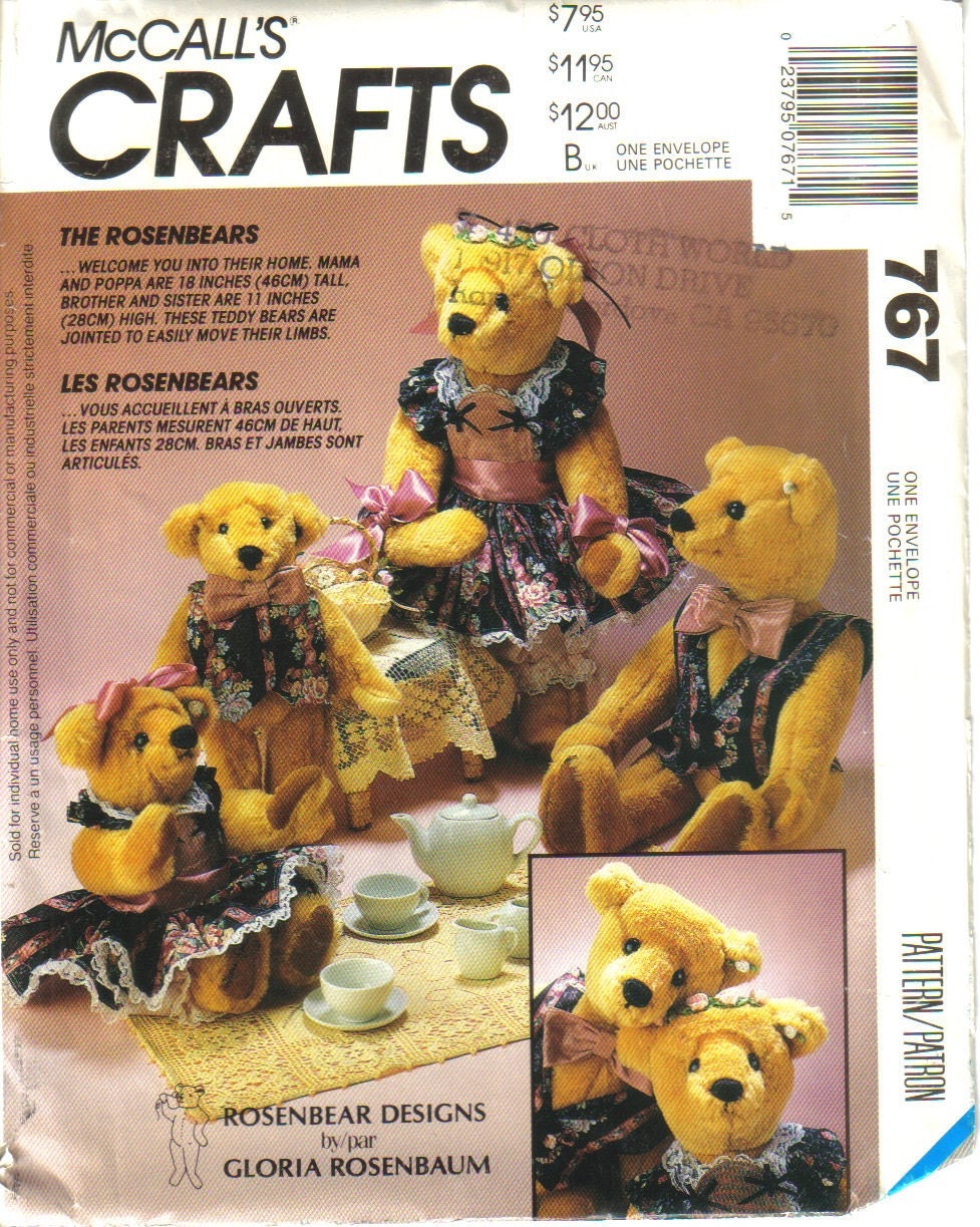 Victorian Bear Sewing Pattern McCalls Crafts No. 767