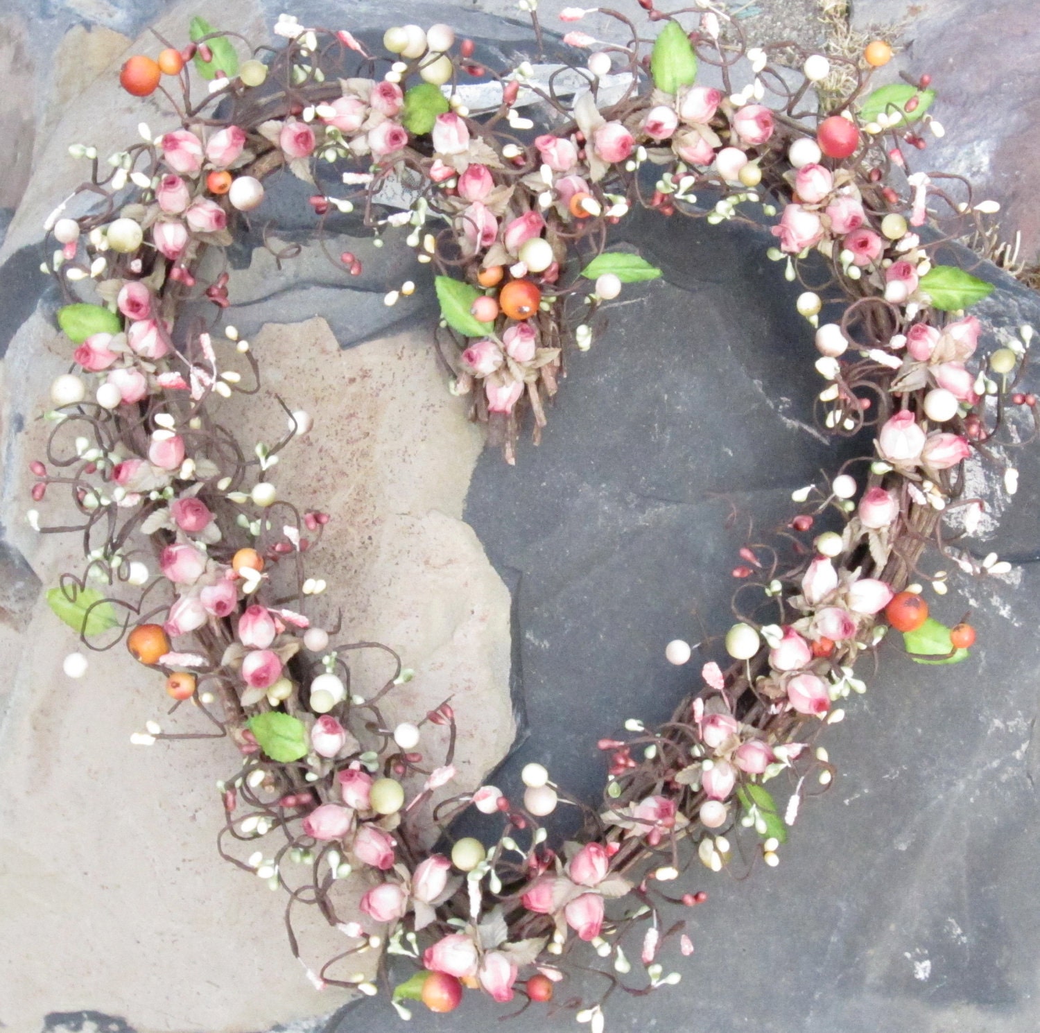 Heart Shaped Wreath - Delicate Roses and Berries - Simple and Stylish Romantic Gift