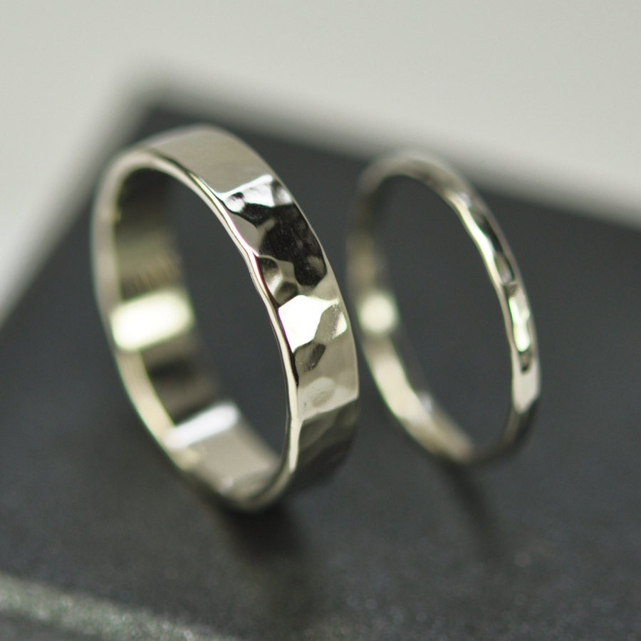 White Wedding Set, 14K Palladium White Gold Hammered Bands, Custom Made to Order, Sea Babe Jewelry