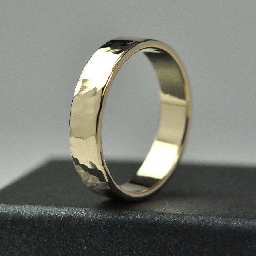 Mens Wide Yellow Gold Wedding RIng, 5mm Band, Hammered Texture