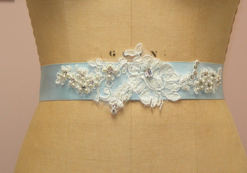 Bridal Sash Headband-  Hand Beaded Custom Alencon Lace Sash or Headband