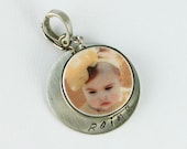 FP16 - Photo Charm Framed in Brushed Sterling With a Name Tag - Med. - Handmade Photo Jewelry