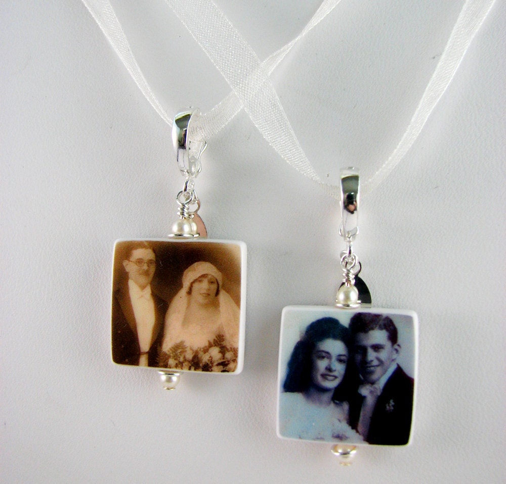 BC21 - Bridal Bouquet Charms, 2 Small Memorial Photo Pendants - Custom Wedding Jewelry