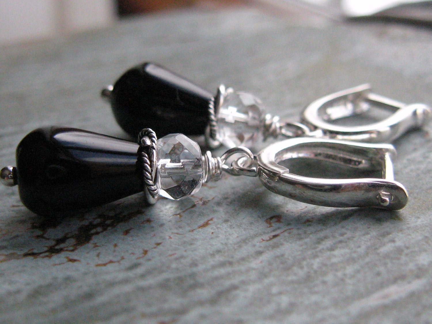 Black Onyx and Quartz Crystal Earrings