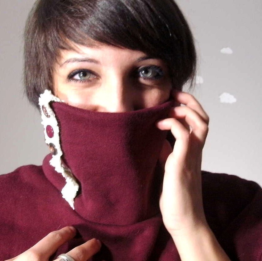 Custom cowl sweatshirt crochet lace buttons deep burgundy crop made to order HIDE N SEEK