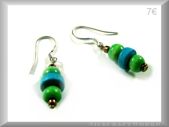 Blue Green Wooden Earrings (w. 925 STERLING SILVER earwires)
