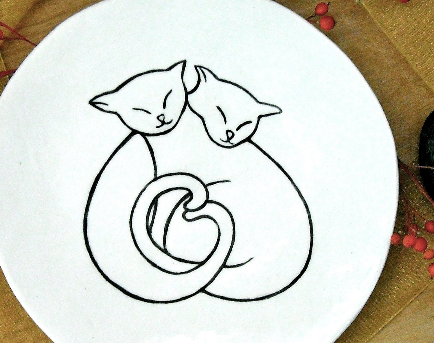 Cat Dish - Best Kitty Friends Small Ceramic Plate - BFF Pottery Trinket Dish, Jewelry, Soap Holder - Original Drawing Feline Pet Treat Bowl