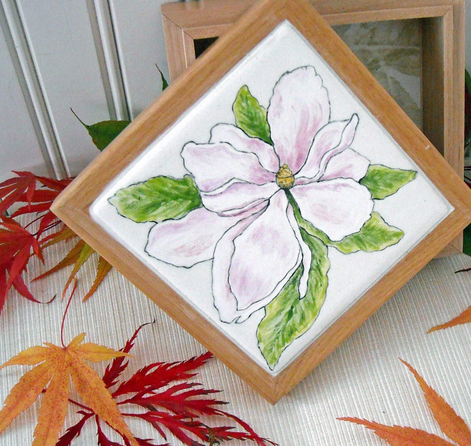 Magnolia Flower Tile & Alder Wood Box - Painted Ceramic Decorative Storage Container for Jewelry, Trinkets, Keepsakes - Charity Donation