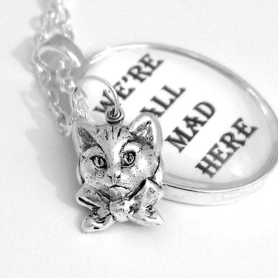 Cheshire Cat Alice In Wonderland Silver Pendant Necklace We're All Mad Here