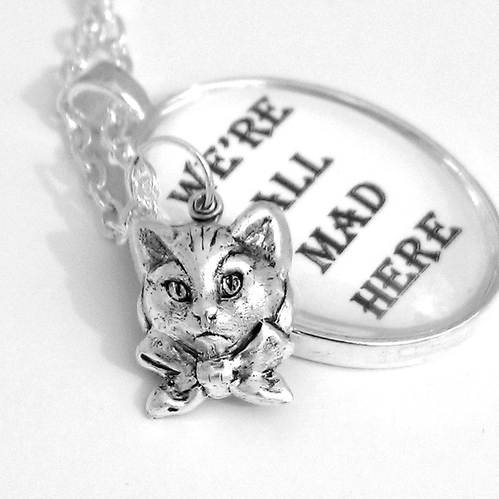 Cheshire Cat Alice In Wonderland Silver Pendant Necklace We're All Mad Here