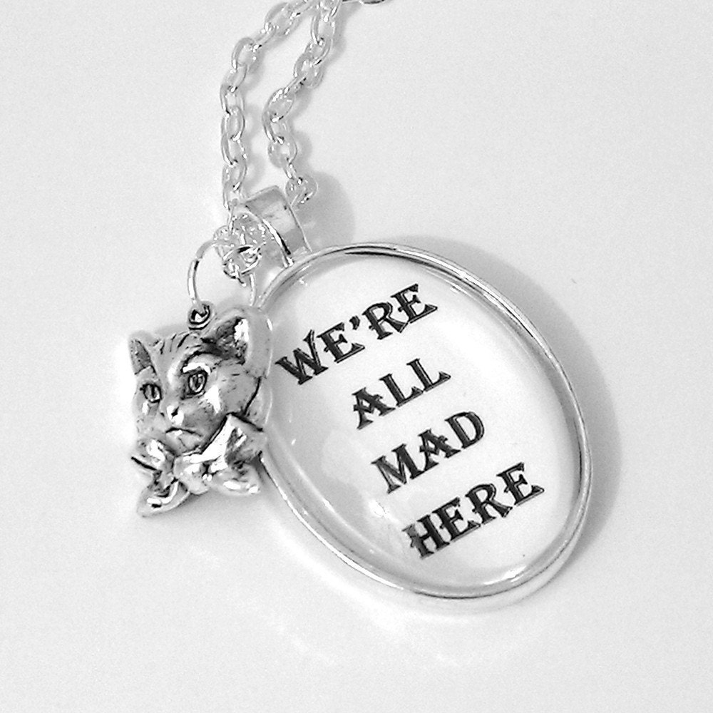 Cheshire Cat Alice In Wonderland Silver Pendant Necklace We're All Mad Here