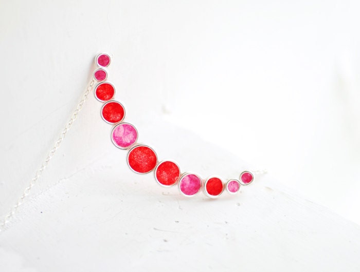 Modern Minimalist Bubble Necklace in Red and Pink, Sterling Silver Paper Jewelry....