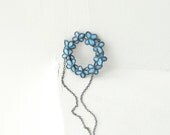 Blue Forget Me Not Disc Necklace in Sterling Silver, Botanical Artisan Wearable Art Jewelry...