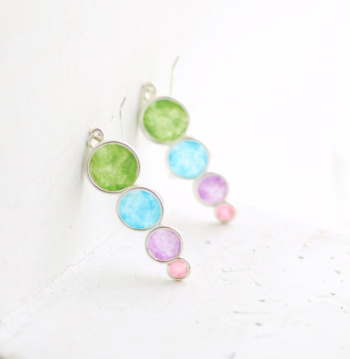 Watercolor Color Block Bubble Earrings, Sterling Silver Dangle earrings, Jade Green, Robins Egg Blue, Lavender Purple, Soft Pink...