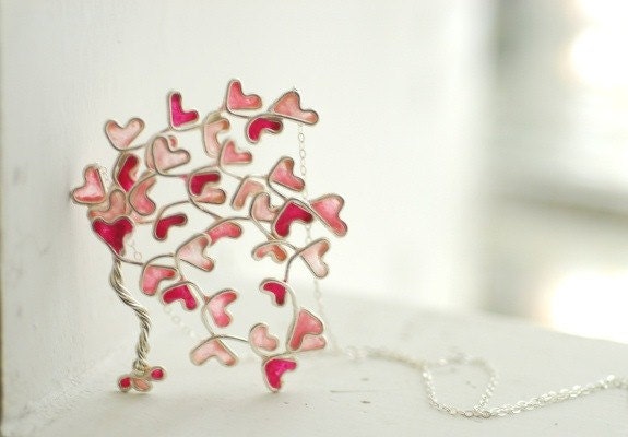 Sterling Silver Hearts Necklace, Pink Magenta Blush, Tree Jewelry, Paper Jewelry....