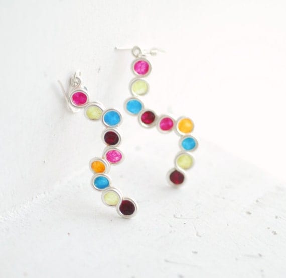 Jewel Tone Bubble Earrings, Sterling Silver, Paper Jewelry, Artisan Wearable Art...