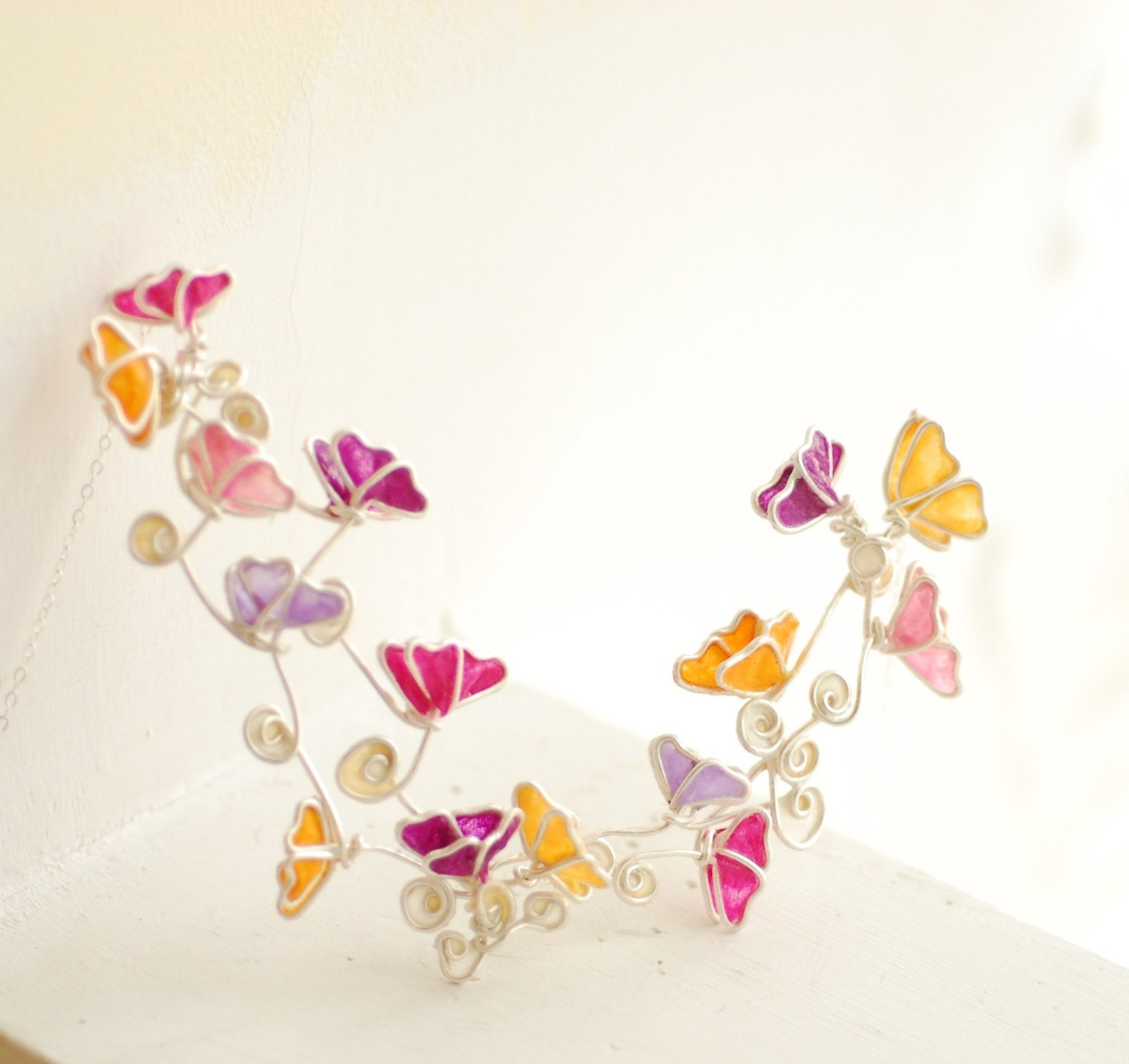 Statement Jewelry, Butterfly Necklace with Flowers, Sterling Silver, Colorful, Delicate, Unique....