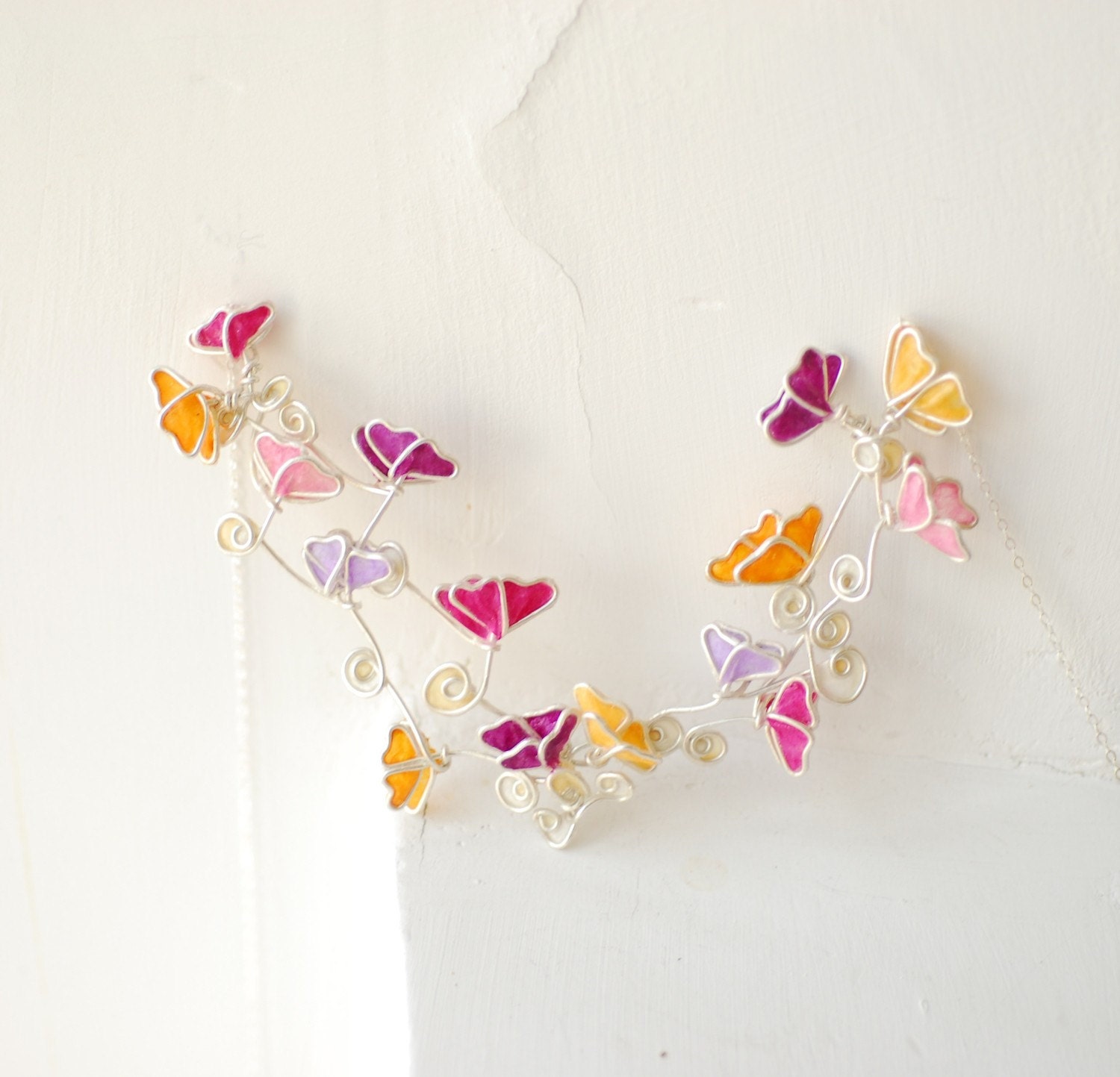 Statement Jewelry, Butterfly Necklace with Flowers, Sterling Silver, Colorful, Delicate, Unique....