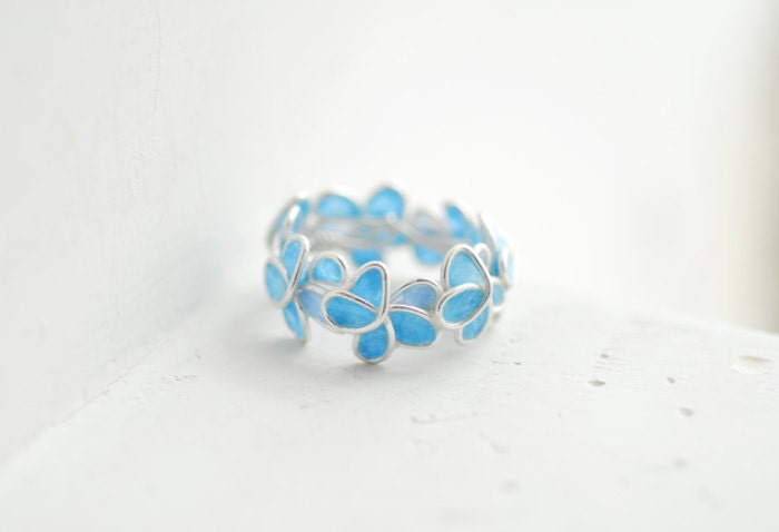Pale Blue Forget Me Not Flower Ring, Wedding Anniversary Sterling Silver Artisan Eco Friendly Paper Jewelry...