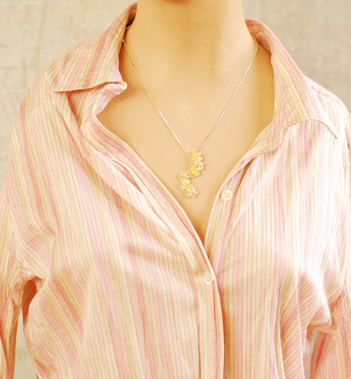 Yellow Forget Me Not Pendant Necklace in Sterling Silver, Paper Sculptural Jewelry....