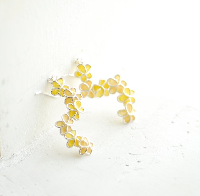 Yellow Forget Me Not Flower Dangle Earrings in Sterling Silver, Artisan Paper Jewelry...