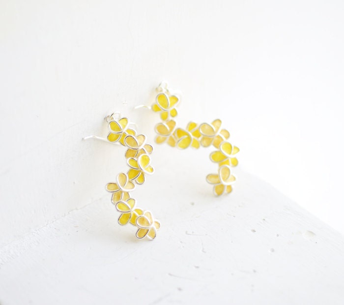 Yellow Forget Me Not Flower Dangle Earrings in Sterling Silver, Artisan Paper Jewelry...
