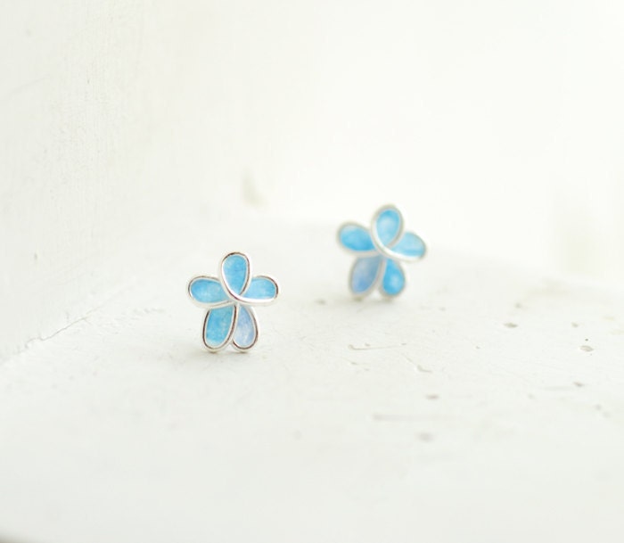 Sterling Silver Aqua Blue Forget Me Not Post Earring, Artisan Paper Wearable Art Jewelry....