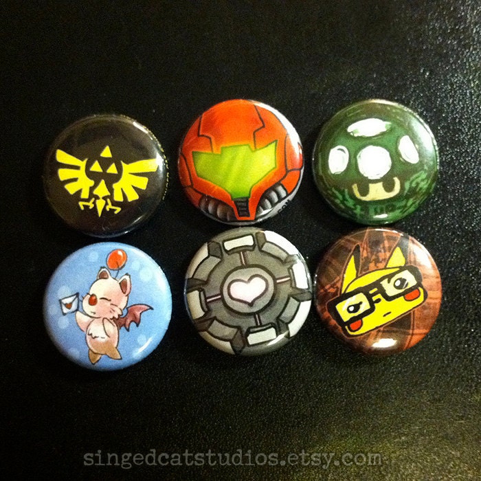 Gamer Button Pack (Portal, Zelda, Pokemon, Mario, Final Fantasy & Metroid)