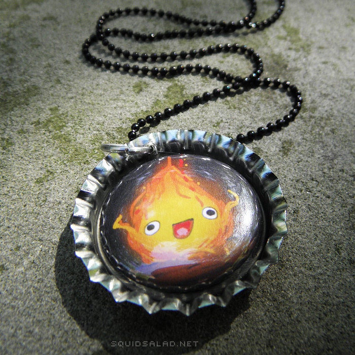 Calcifer from Howl's Moving Castle Fire Flame Button Bottlecap Necklace
