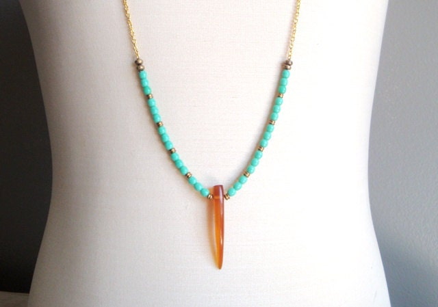 turquoise glass beaded necklace with AMBER HORN (ooak)
