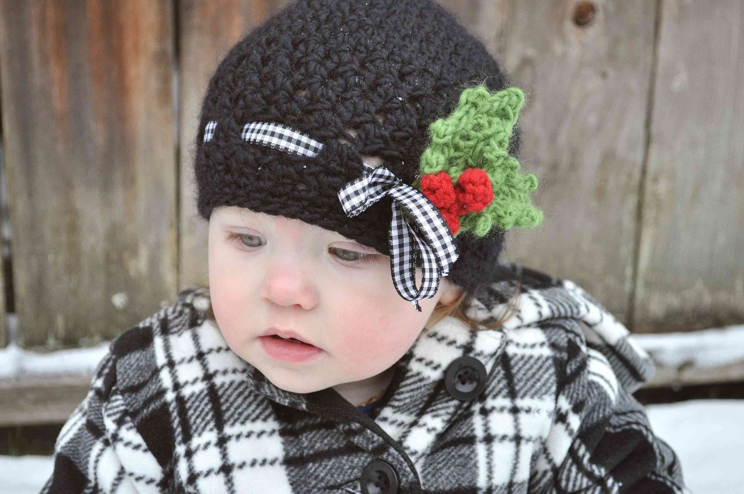 Ribbon Baby Cap Crochet PATTERN with Holly Berries and Leaves