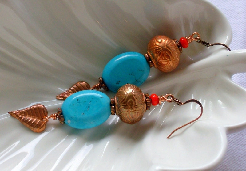Southwestern Turquoise Earring Blue Red Native American Jewelry Tribal Jewelry Copper stoneandbone Hawaii Leaf Jewelry
