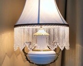 Antique French Limoges Table Lamp with Glass Beaded Shade