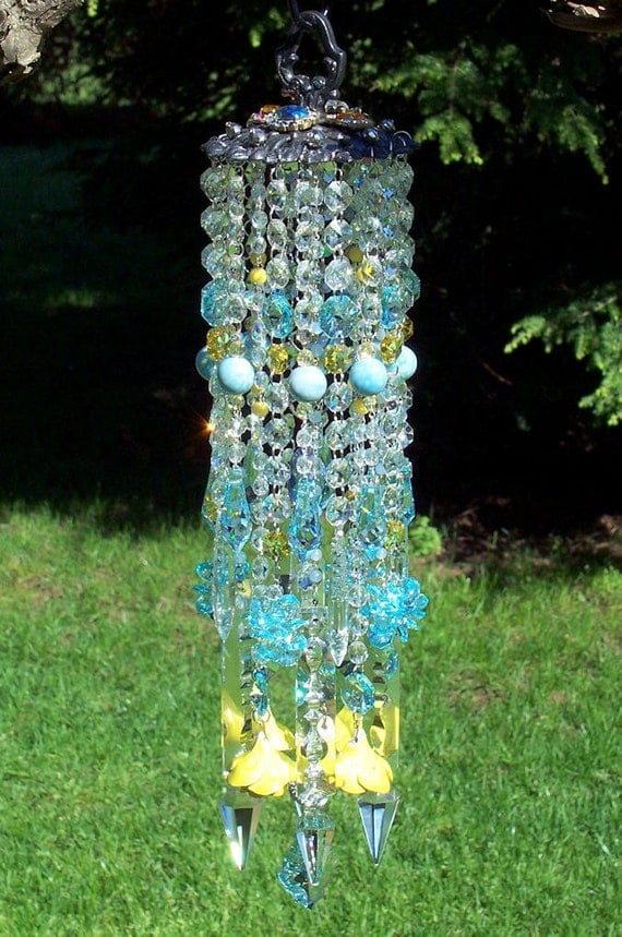 Jeweled Light Aqua and Yellow Antique Roses and Crystal Wind Chime